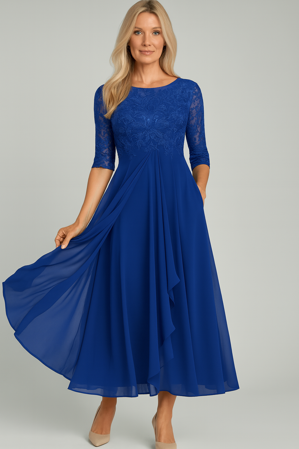 Helena – Damen Midikleid mit Spitzenoberteil und Chiffonroc