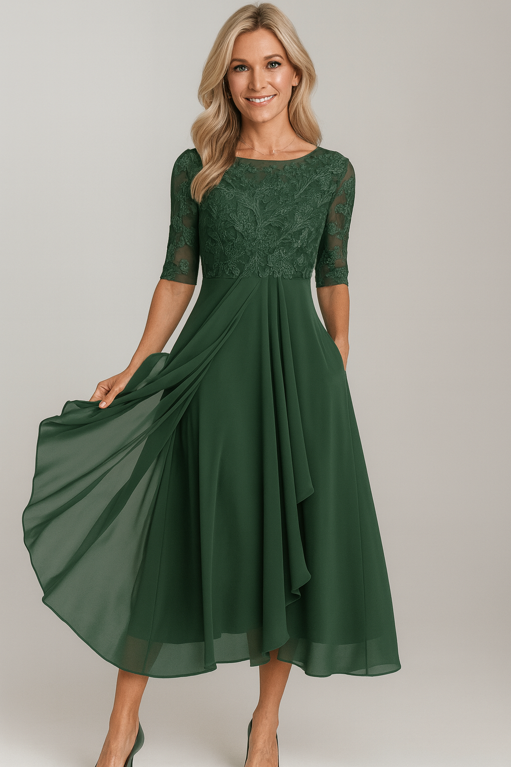 Helena – Damen Midikleid mit Spitzenoberteil und Chiffonroc