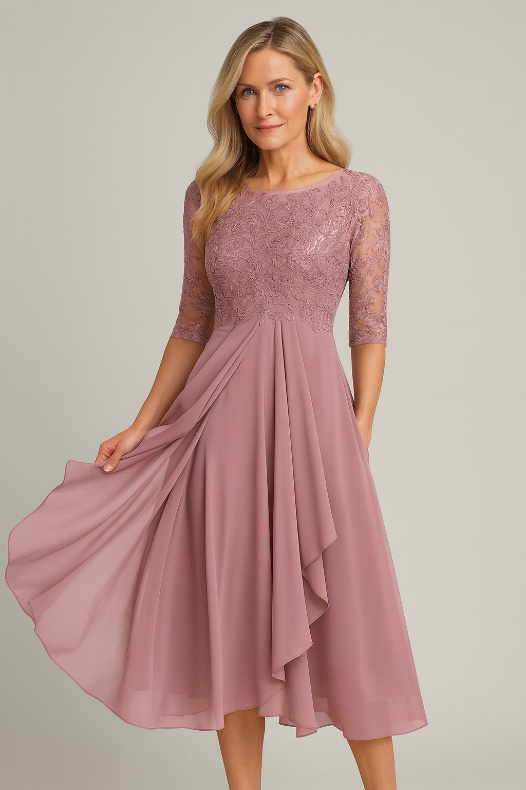 Helena – Damen Midikleid mit Spitzenoberteil und Chiffonroc