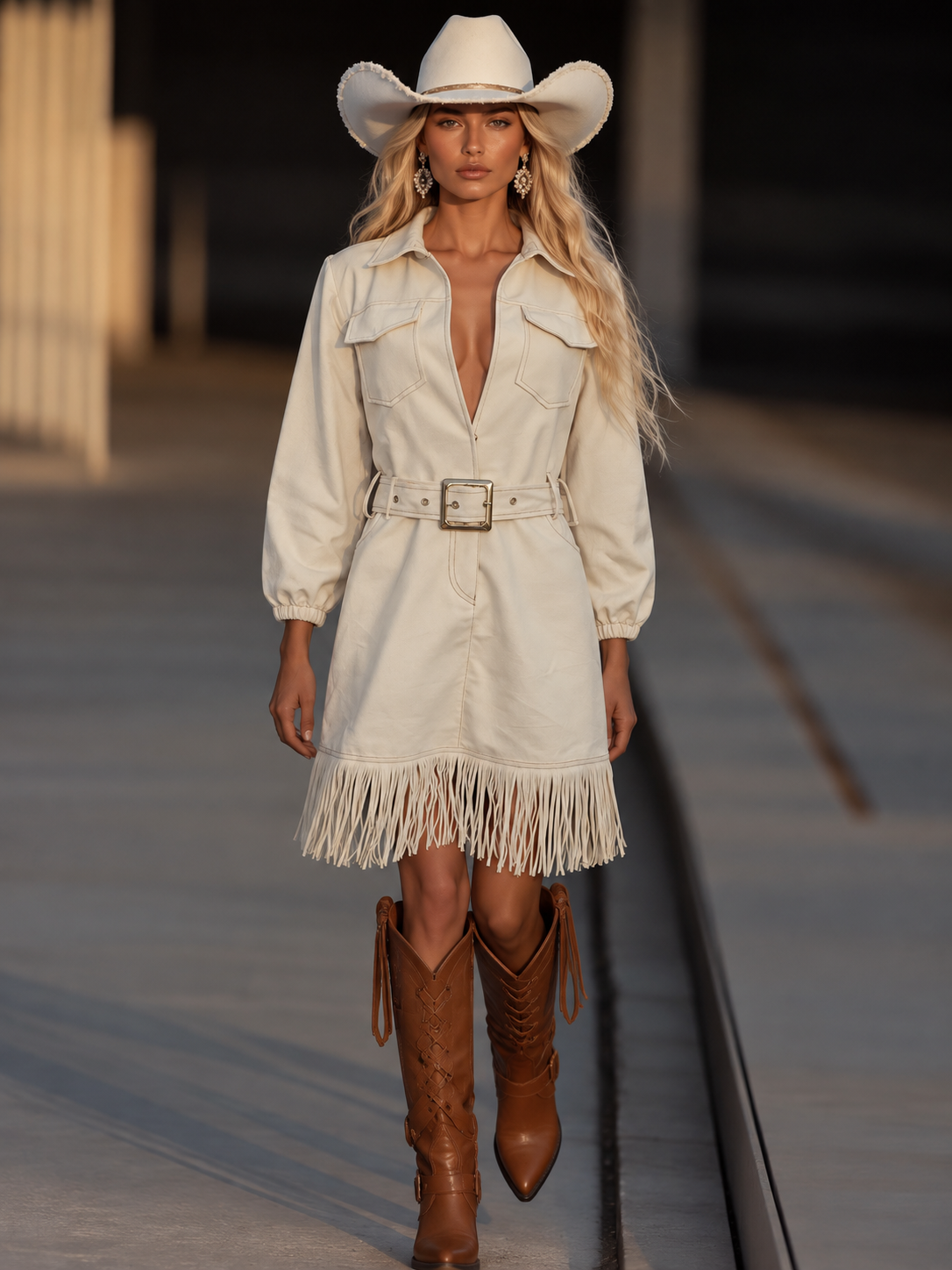 Tief ausgeschnittener Denim-Fringe Playsuit für Damen
