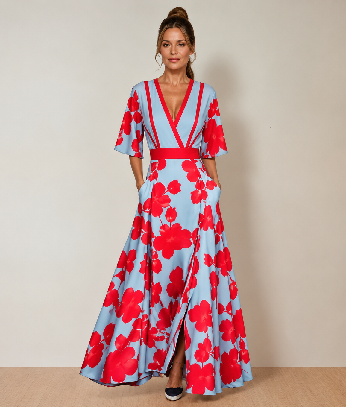 Maxikleid mit V-Ausschnitt und praktischen Taschen