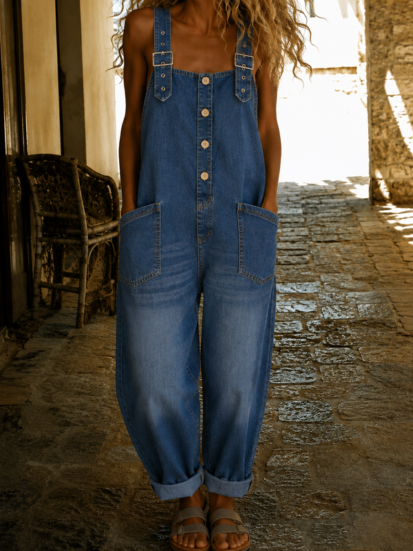 Mila – Damen Lässiger Träger Jumpsuit mit Knopfleiste