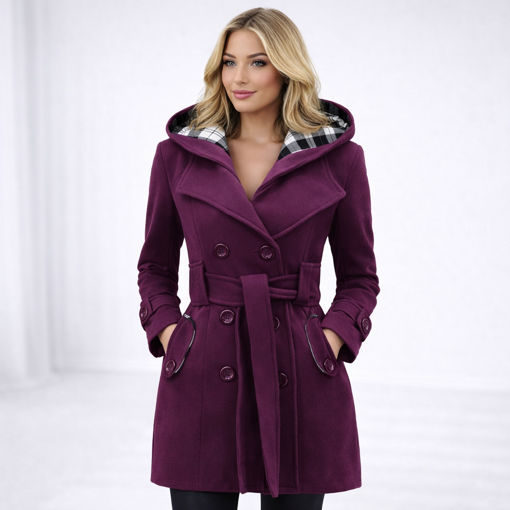 Valentina – Damen Kurzer Mantel Mit Kapuze Und Gürtel