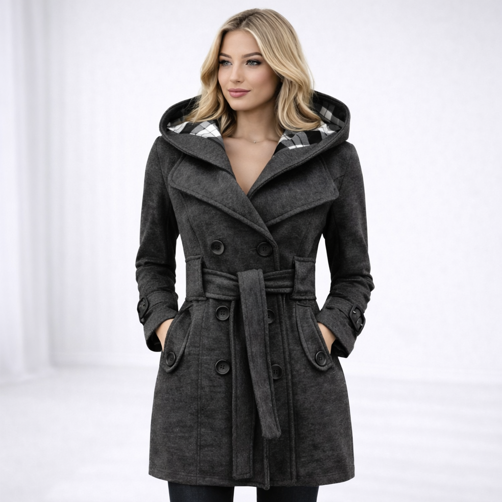 Valentina – Damen Kurzer Mantel Mit Kapuze Und Gürtel