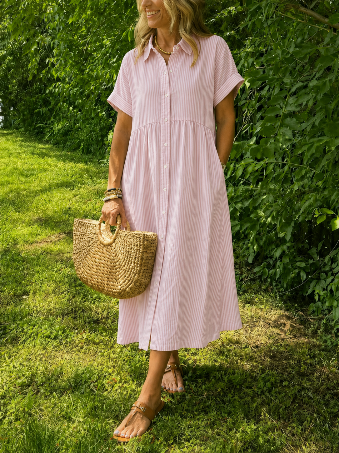 Thea – Elegantes Sommerkleid mit Streifen und Knopfverschluss
