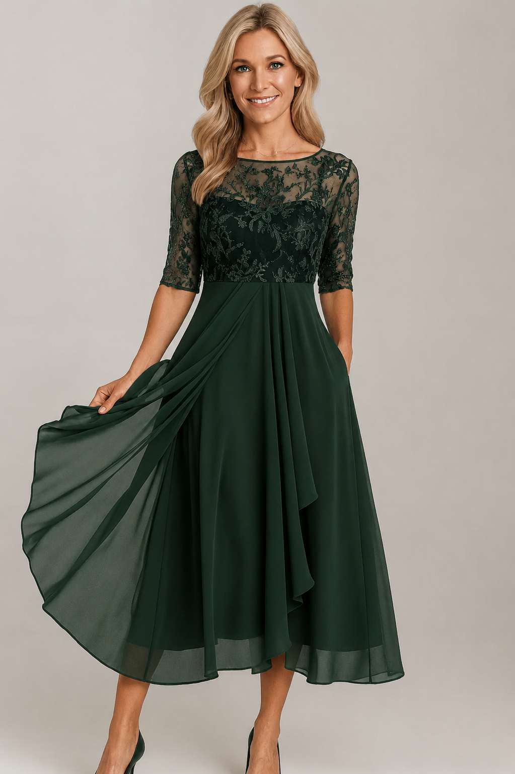 Helena – Damen Midikleid mit Spitzenoberteil und Chiffonroc