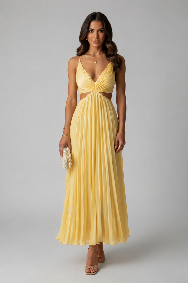 Clara – Damen Hochzeitsgast Midikleid mit Cut-Outs und Plissee-Rock