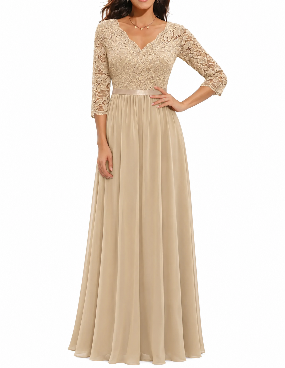 Abendkleid Damen mit V-Ausschnitt und Spitzenoberteil - 1 - Annoboutique