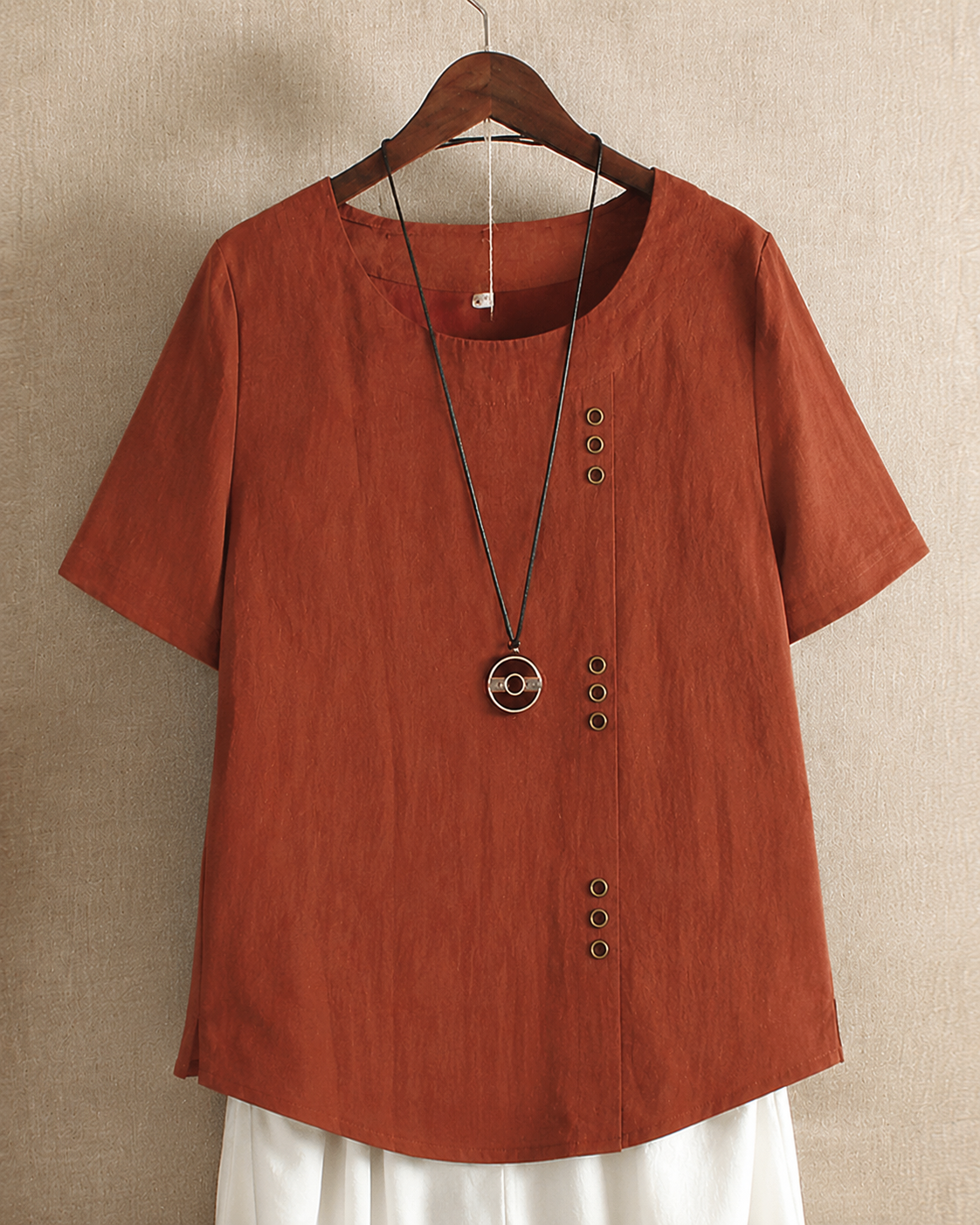 Lina – Damen Kurzarm Leinenbluse mit Knopfleiste und Rundhalsausschnitt