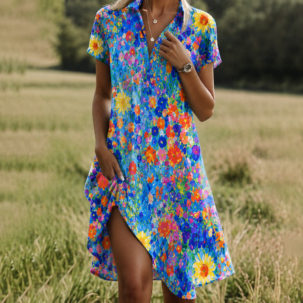 Amelie – Damen Sommerkleid mit floralem Muster und V-Ausschnitt