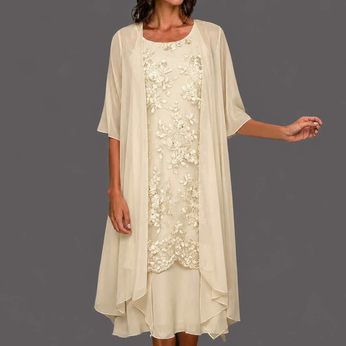 Helena – Damen elegante Midi-Kleid mit Überwurf - 2 - Annoboutique