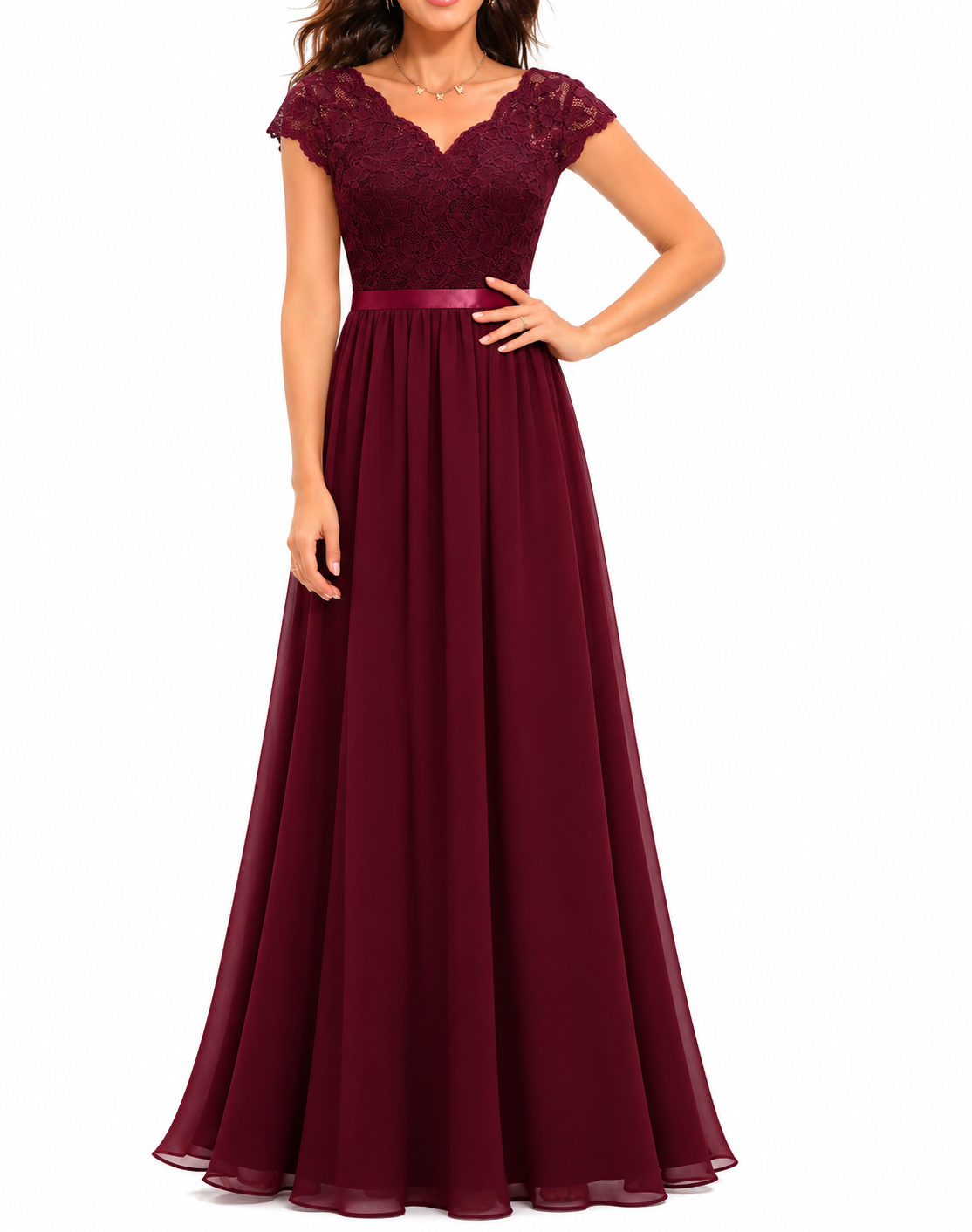 Abendkleid Damen mit V-Ausschnitt und Spitzenoberteil - 11 - Annoboutique