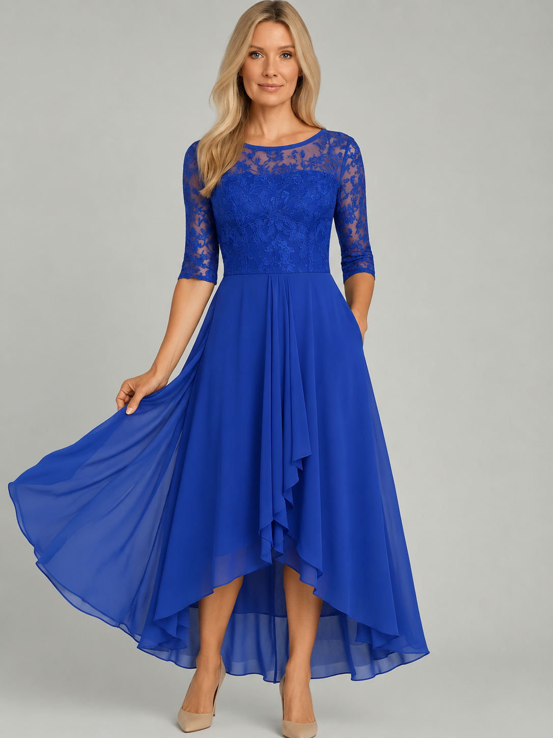 Helena – Damen Midikleid mit Spitzenoberteil und Chiffonroc