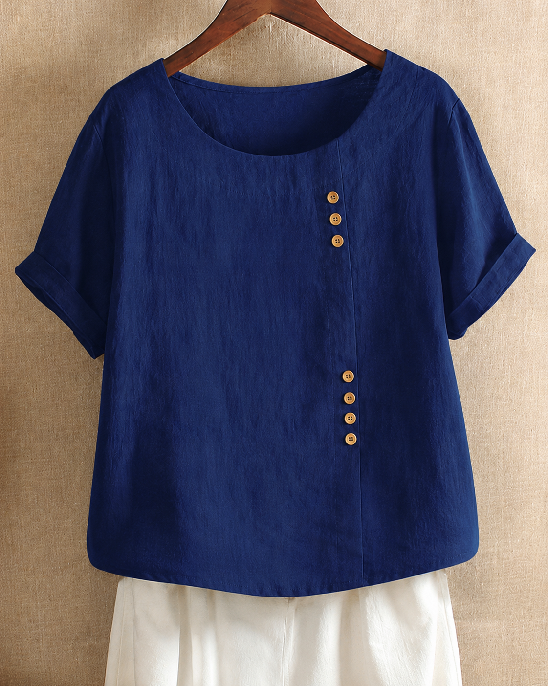 Lina – Damen Kurzarm Leinenbluse mit Knopfleiste und Rundhalsausschnitt