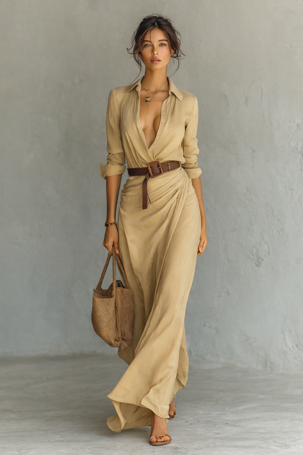 Isabella – Damen Maxikleid mit Hemdkragen und Taillengürtel