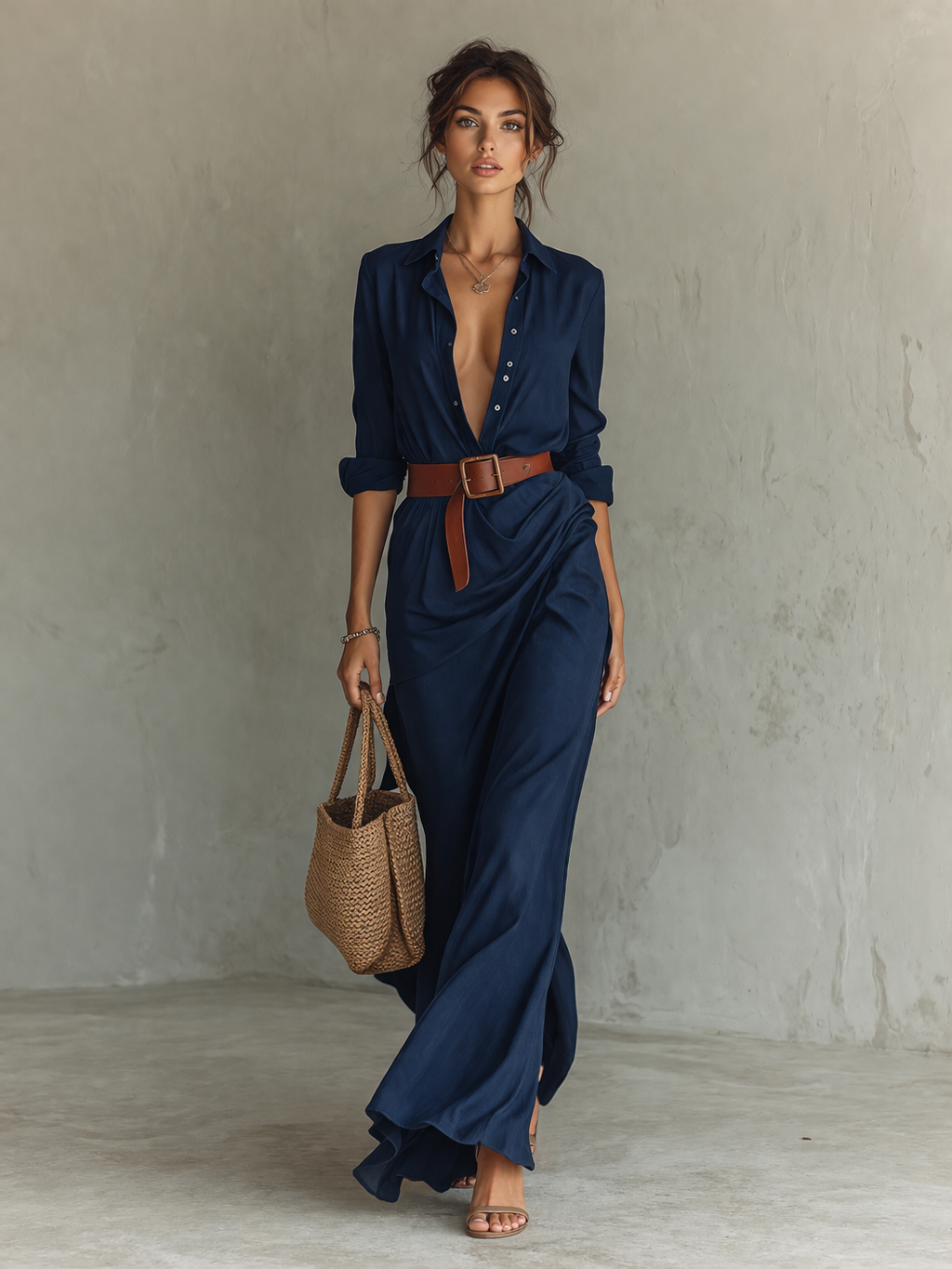 Isabella – Damen Maxikleid mit Hemdkragen und Taillengürtel