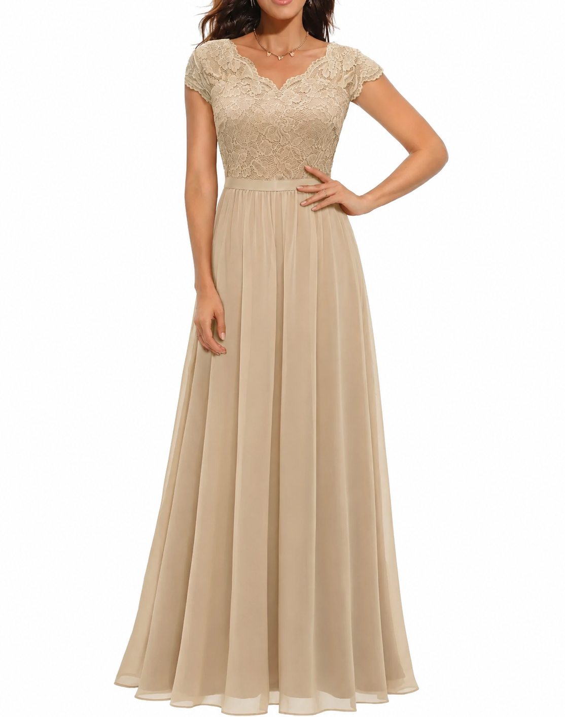Abendkleid Damen mit V-Ausschnitt und Spitzenoberteil - 2 - Annoboutique