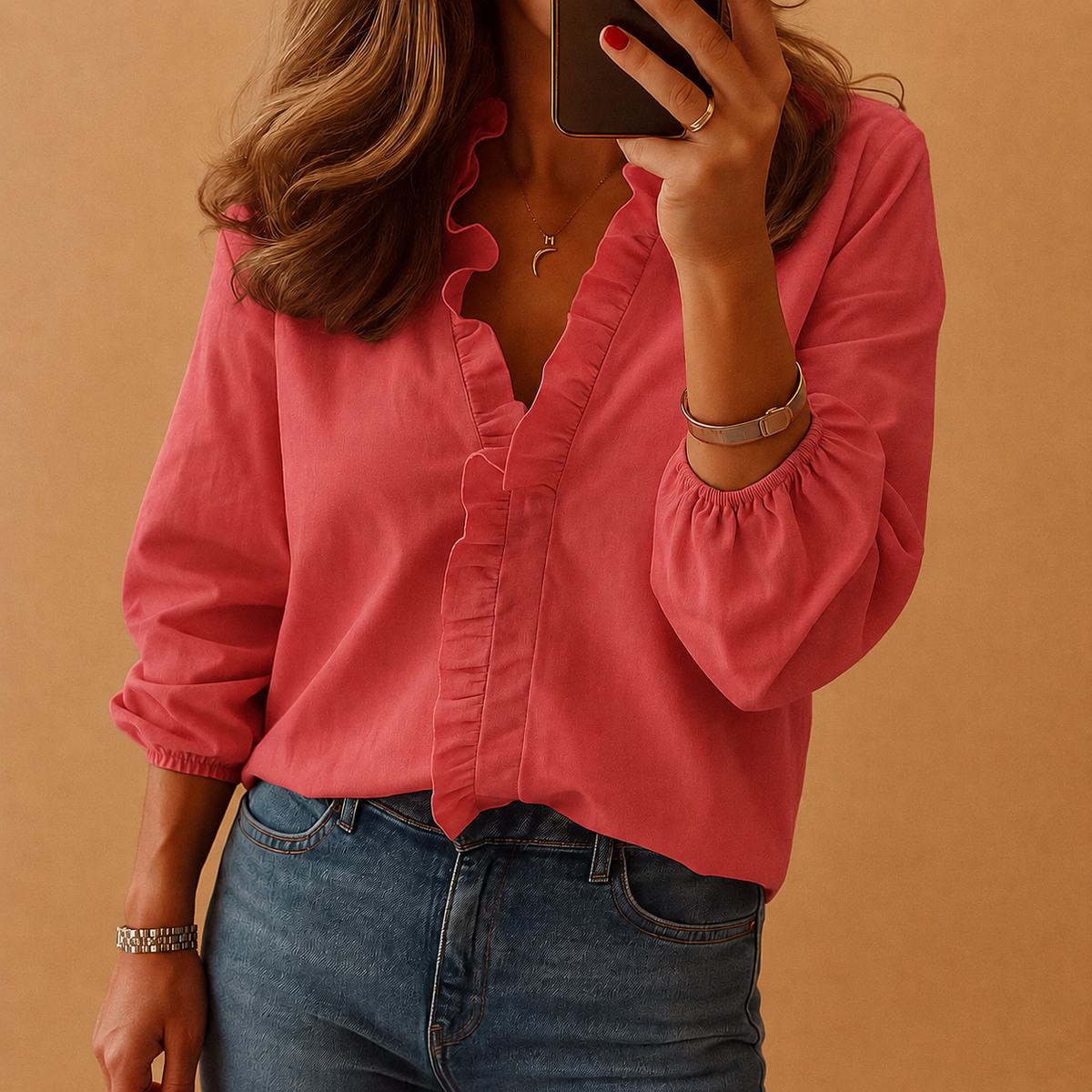 Bluse Damen mit gewelltem Ausschnitt und langen Ärmeln - 1 - Annoboutique