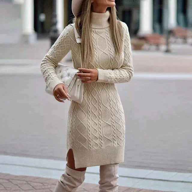 Mara – Damen Strickkleid Rollkragen Winterkleid mit Zopfmuster