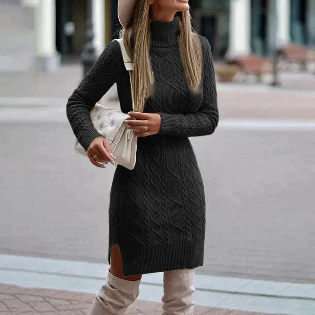 Mara – Damen Strickkleid Rollkragen Winterkleid mit Zopfmuster