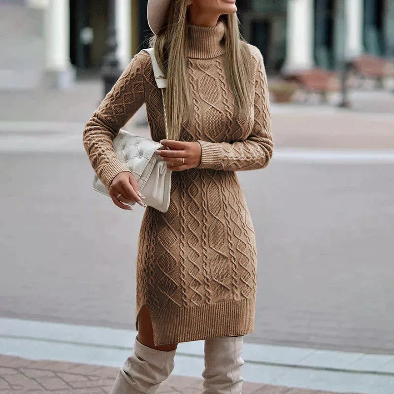 Mara – Damen Strickkleid Rollkragen Winterkleid mit Zopfmuster