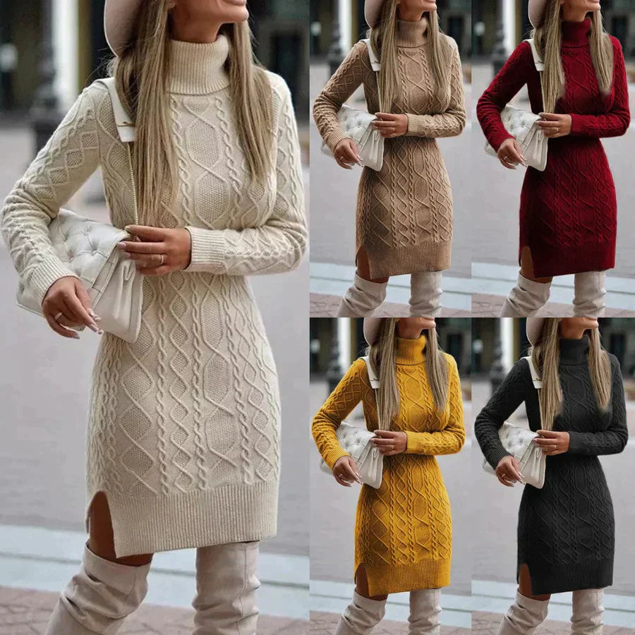 Mara – Damen Strickkleid Rollkragen Winterkleid mit Zopfmuster
