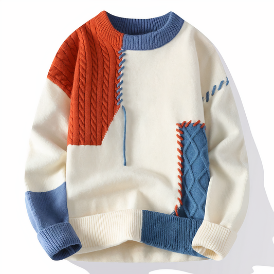 Luca - Herren Pullover Strickpullover Patchwork Design Rundhals