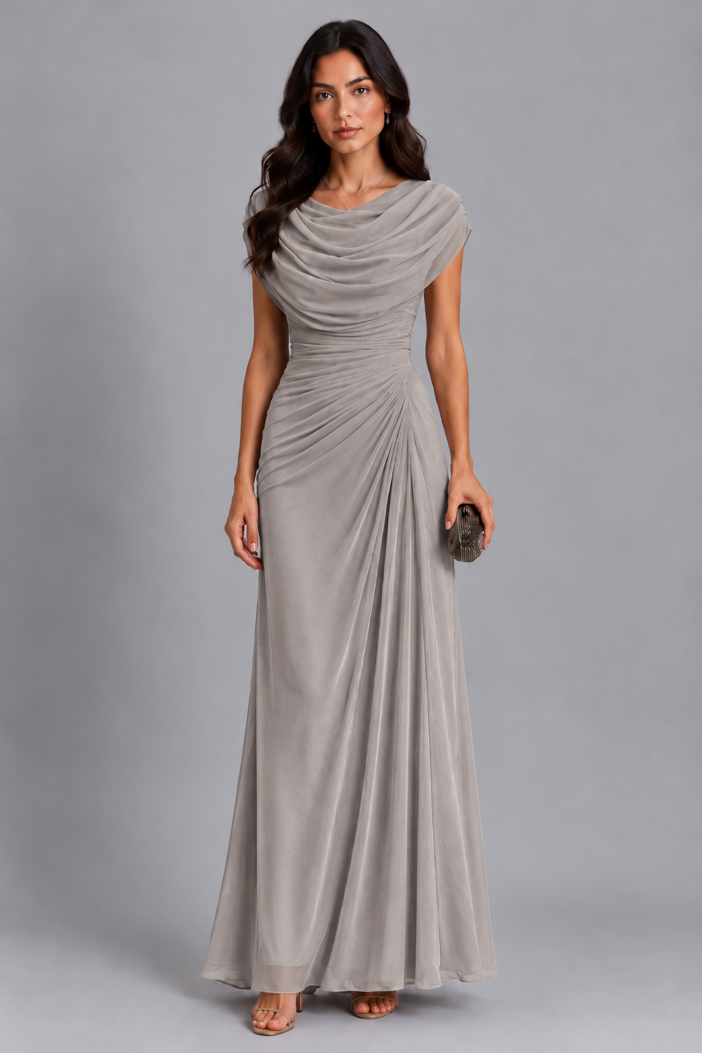 Elegantes Abendkleid Damen mit Wickeloptik und fließendem Wasserfallausschnitt