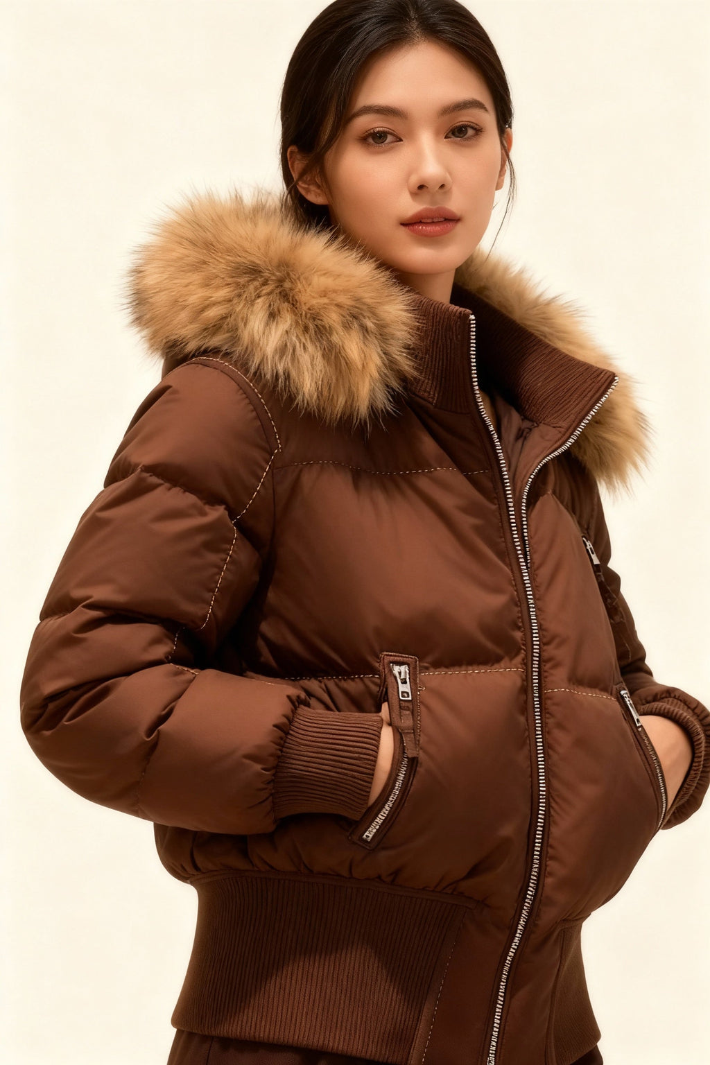 Mila – Kurze Winter-Daunenjacke mit Fellkapuze Damen