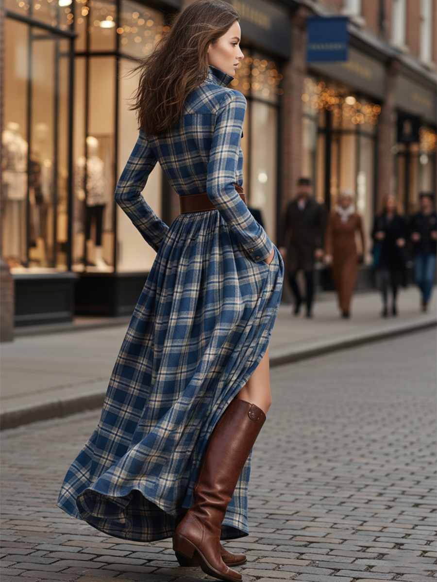 Helena – Kariertes Maxikleid mit Knopfleiste