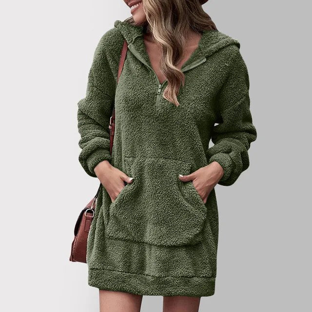 Marisa - Damen Hoodie-Kleid mit Kängurutasche und Reißverschluss