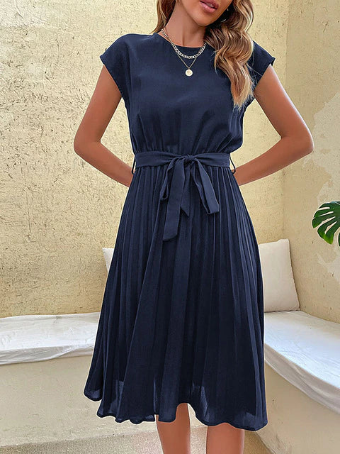 Elena - Damen Midikleid mit Plissee-Rock und Bindegürtel