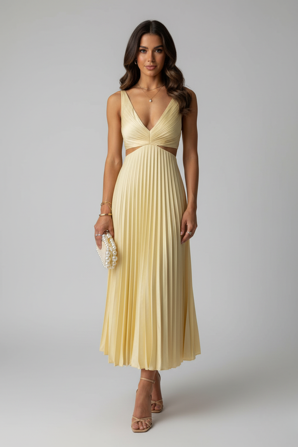 Clara – Damen Hochzeitsgast Midikleid mit Cut-Outs und Plissee-Rock