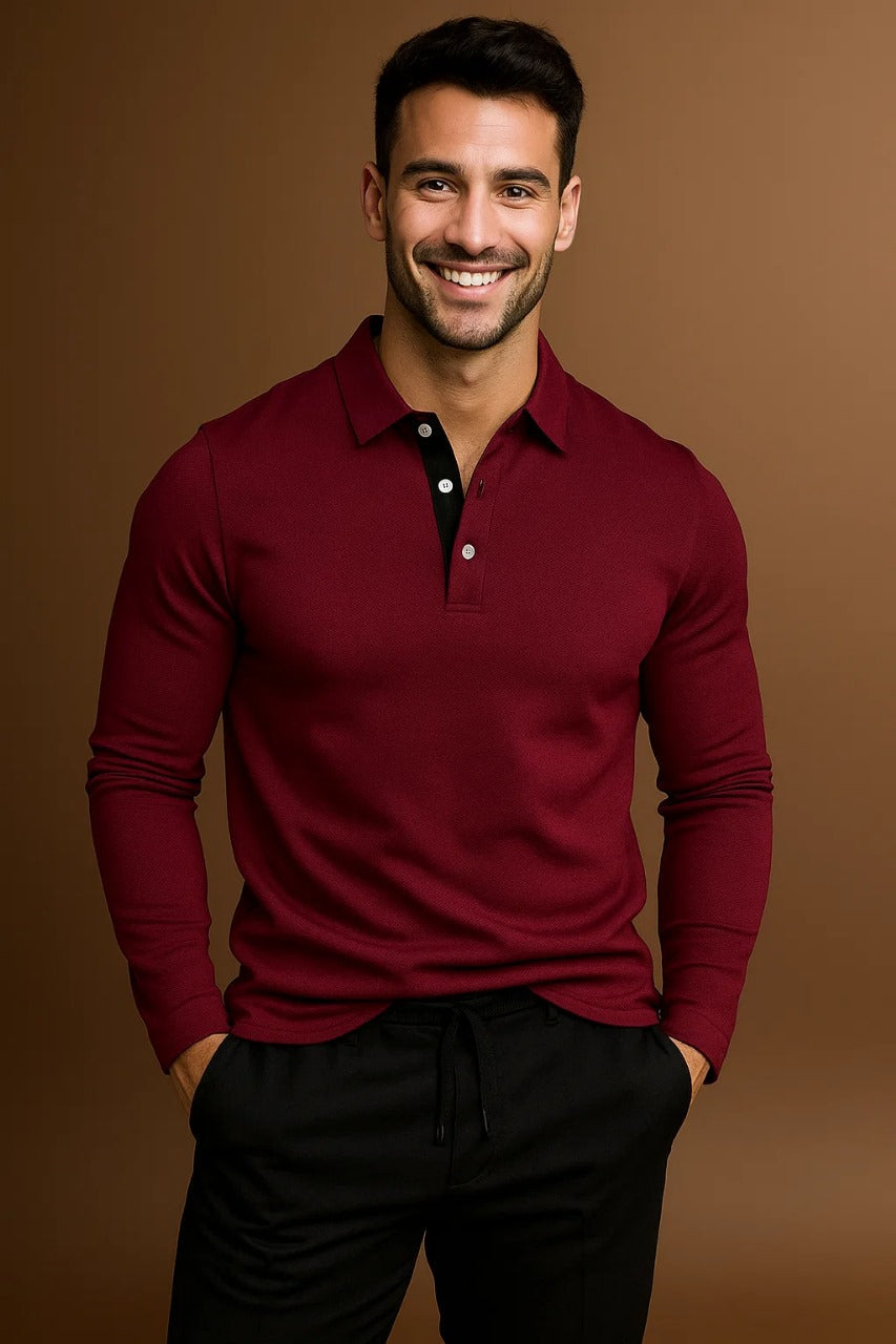 Elegantes Herren-Polo mit langen Ärmeln und kontrastierendem Kragen - J&B - 8 - Annoboutique