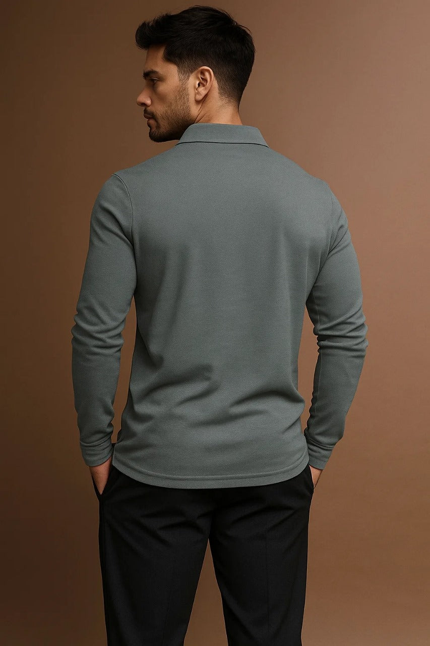 Elegantes Herren-Polo mit langen Ärmeln und kontrastierendem Kragen - J&B - 2 - Annoboutique