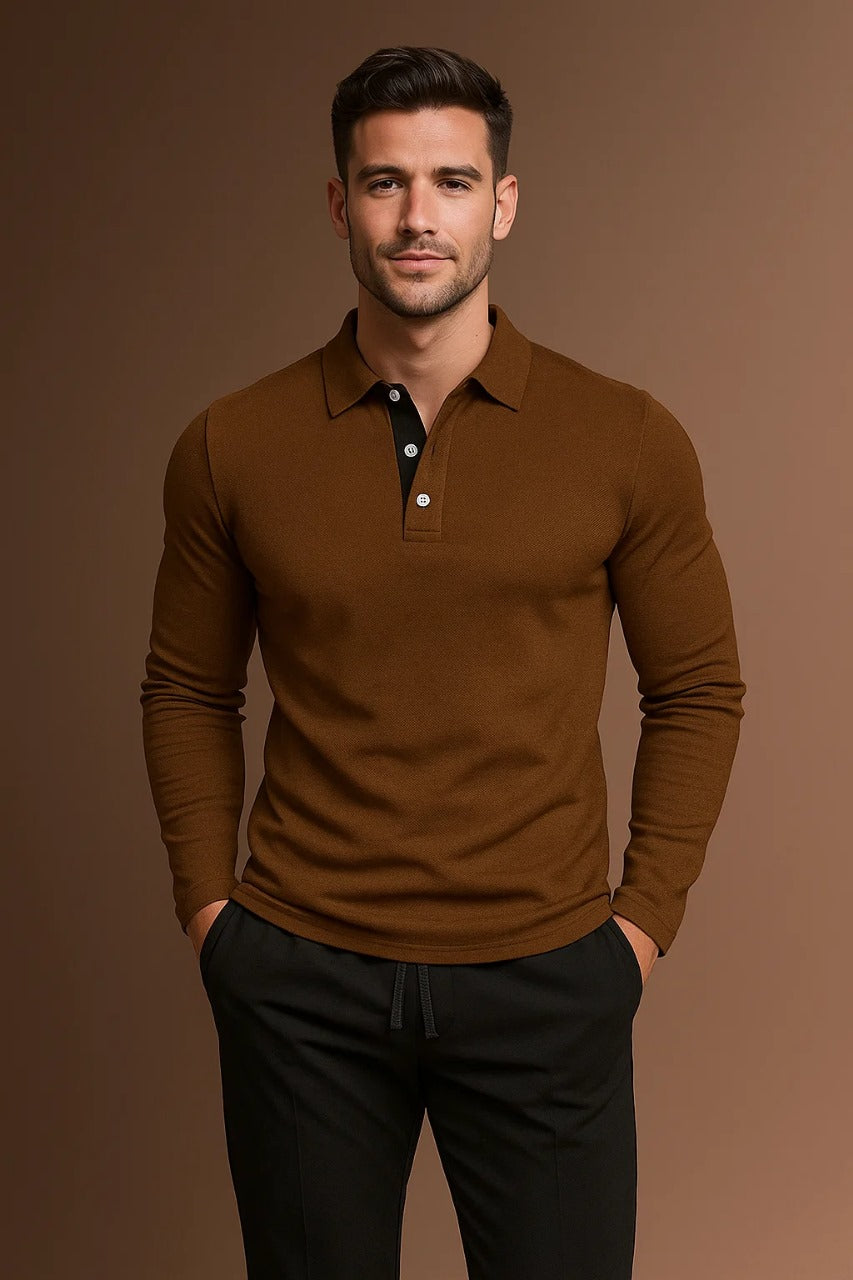 Elegantes Herren-Polo mit langen Ärmeln und kontrastierendem Kragen - J&B - 3 - Annoboutique