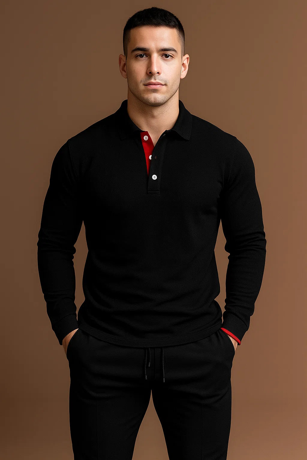 Elegantes Herren-Polo mit langen Ärmeln und kontrastierendem Kragen - J&B - 5 - Annoboutique