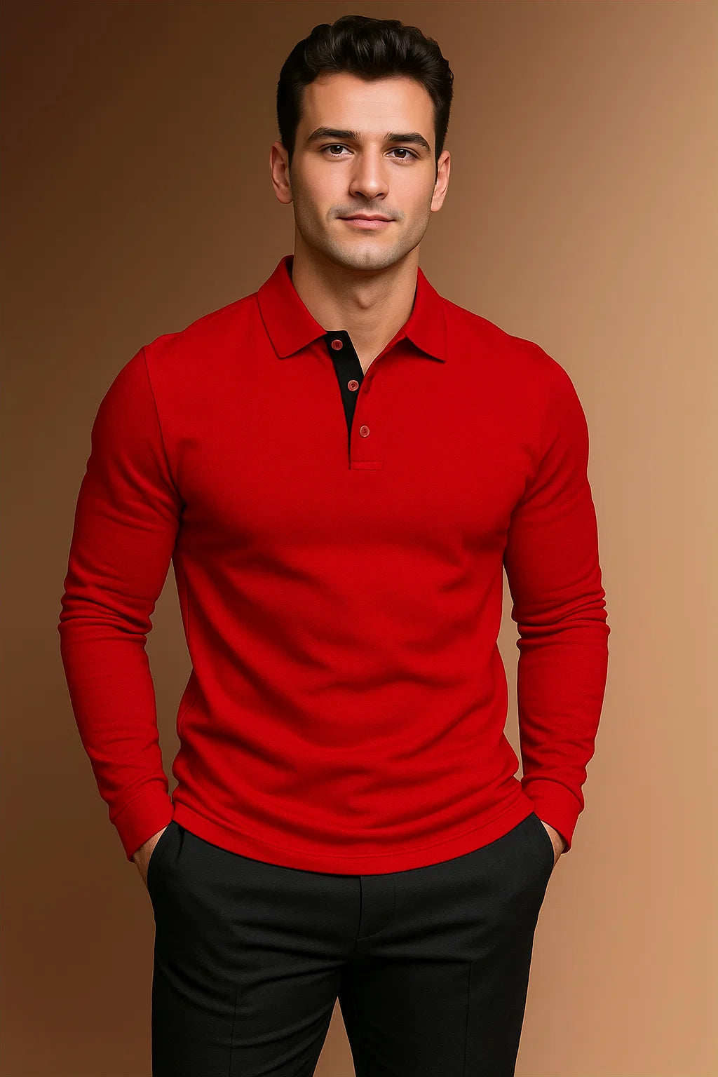 Elegantes Herren-Polo mit langen Ärmeln und kontrastierendem Kragen - J&B - 7 - Annoboutique