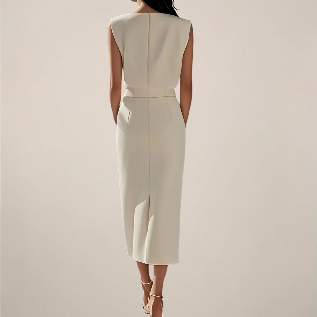 Midi-Kleid Damen mit taillierter Silhouette und Knopfleiste | A&B - 8 - Annoboutique