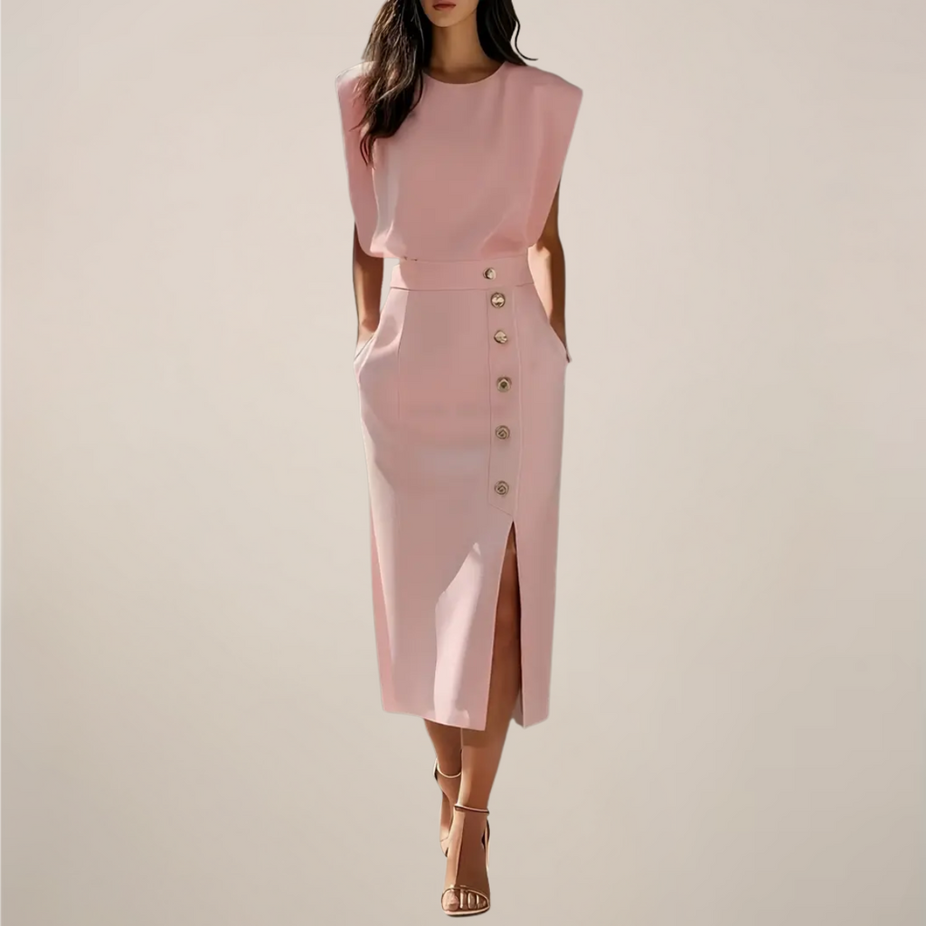 Midi-Kleid Damen mit taillierter Silhouette und Knopfleiste | A&B - 5 - Annoboutique