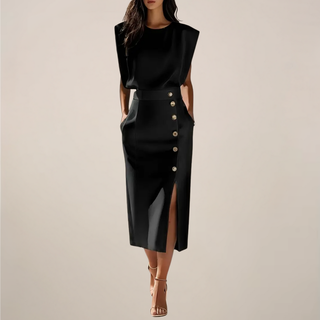 Midi-Kleid Damen mit taillierter Silhouette und Knopfleiste | A&B - 6 - Annoboutique
