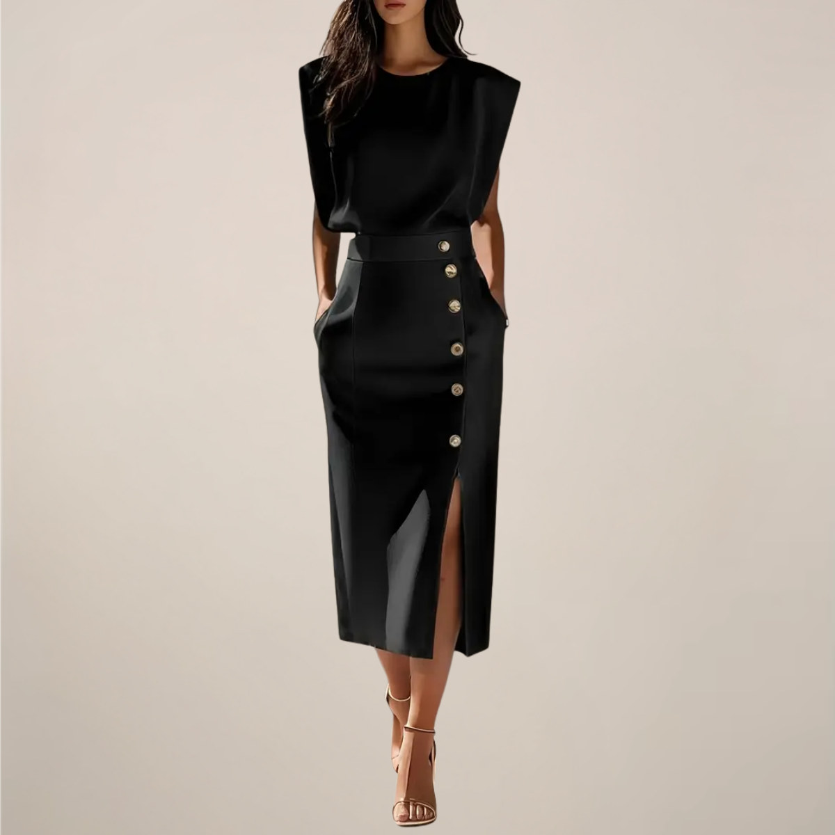 Midi-Kleid Damen mit taillierter Silhouette und Knopfleiste | A&B - 6 - Annoboutique