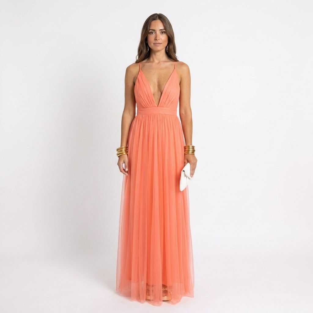 Amelie – Damen Halterneck Maxikleid mit tiefem V-Ausschnitt und fließendem Tüll