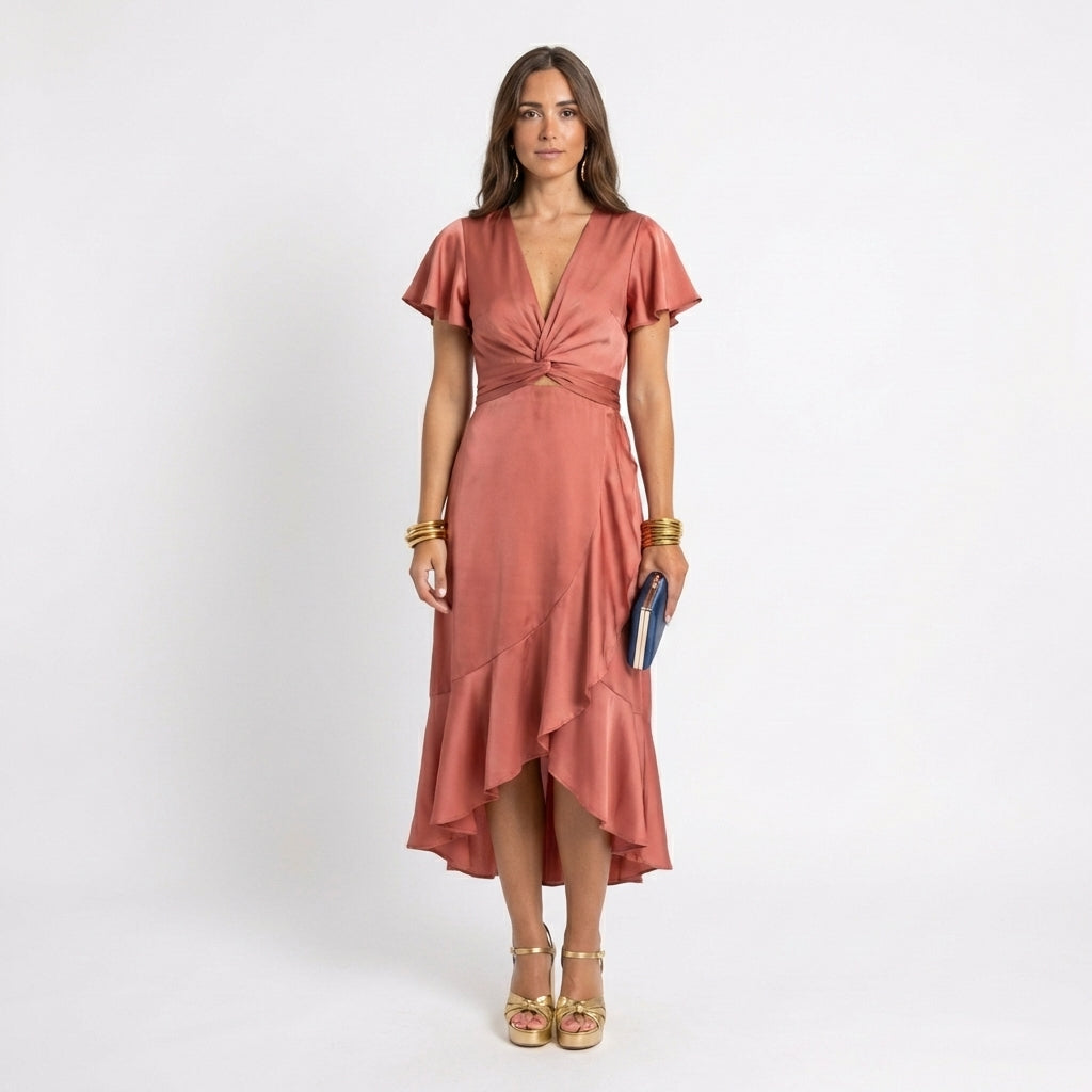 Mila – Damen Wickel Midi Kleid mit Bindeknoten und fließendem Schnitt