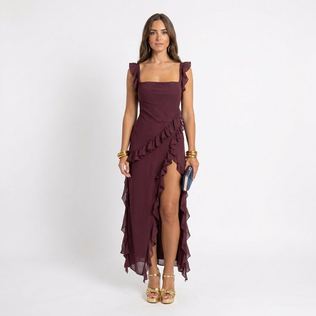 Livia – Damen Rüschen Maxikleid mit Spaghettiträgern und asymmetrischem Schlitz