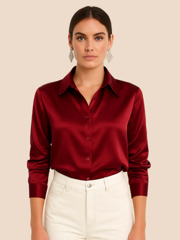Adriana - Damenbluse aus Satin mit langen Ärmeln und Hemdkragen