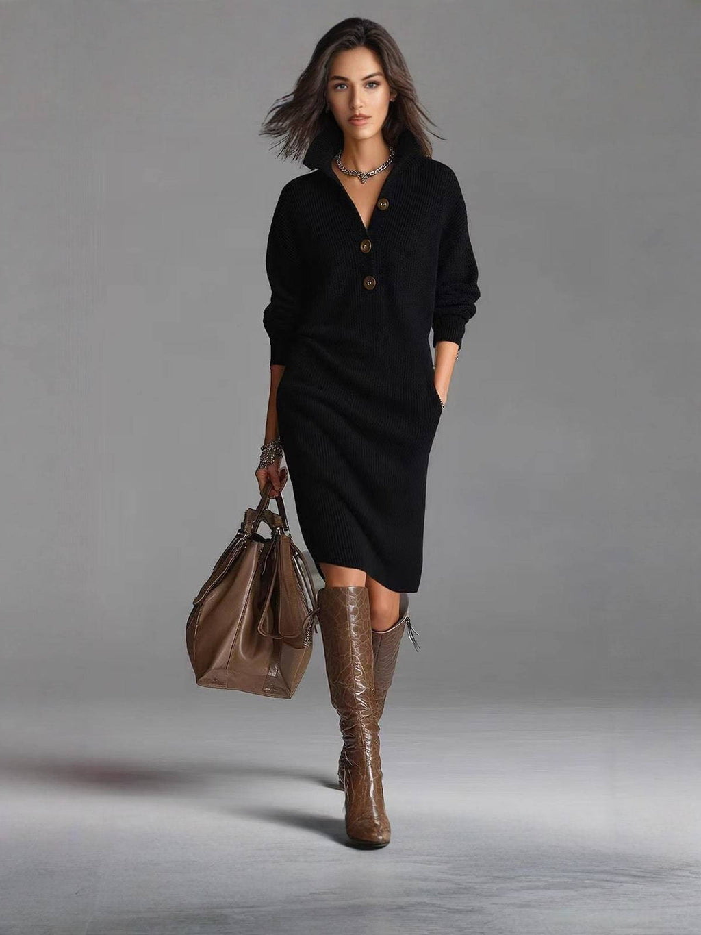 Lucía – Damen-Strickkleid mit Modernem Knopfdesign