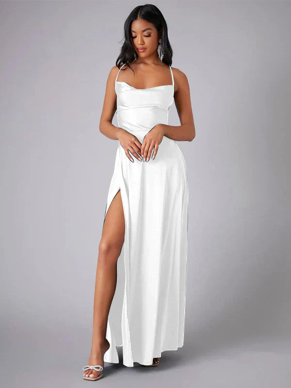 Valentina – Satin-Abendkleid Damen mit Schlitz und feinen Trägern