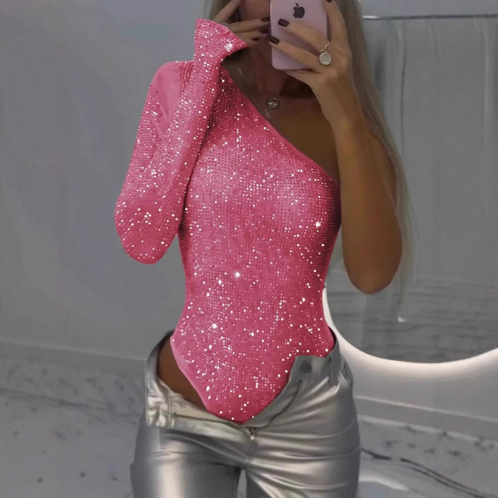 Bodysuit Damen mit einem Ärmel und Glitzer-Details - 5 - Annoboutique