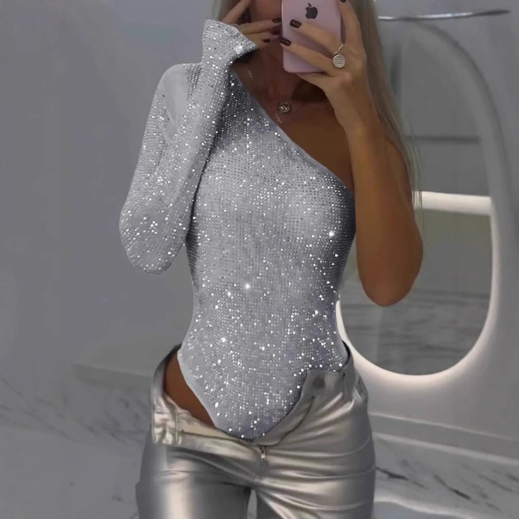 Bodysuit Damen mit einem Ärmel und Glitzer-Details - 2 - Annoboutique
